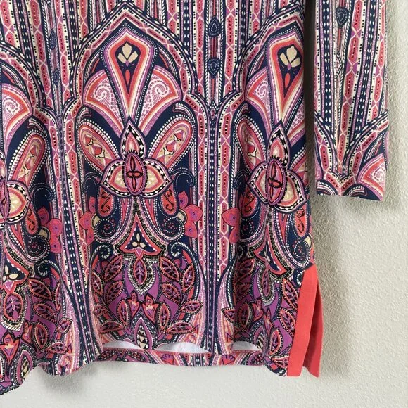 J McLaughlin Tunic Top Size S Coral Navy Paisley 3/4 Sleeve Catalina Cloth - Picture 3 of 12